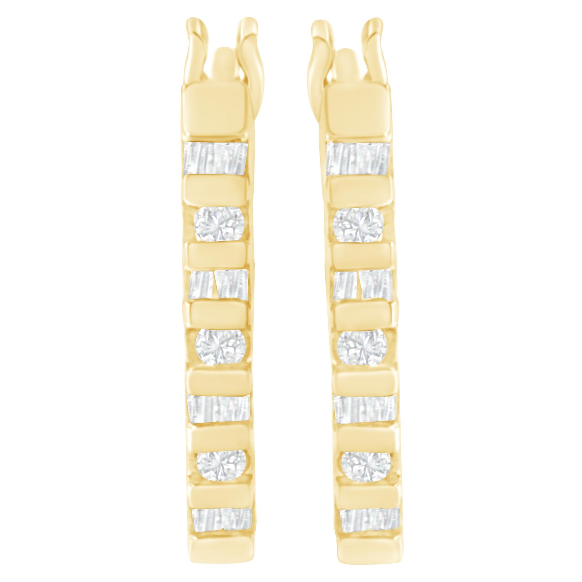 10K Yellow Gold Round and Baguette Cut Diamond Oblong Hinged Leverback Hoop Earrings (¼ Cttw, I-J Color, I2-I3 Clarity)