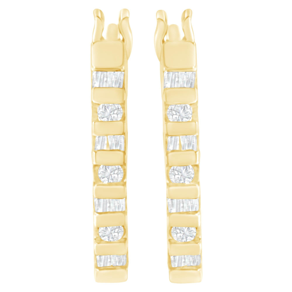 10K Yellow Gold Round and Baguette Cut Diamond Oblong Hinged Leverback Hoop Earrings (¼ Cttw, I-J Color, I2-I3 Clarity)