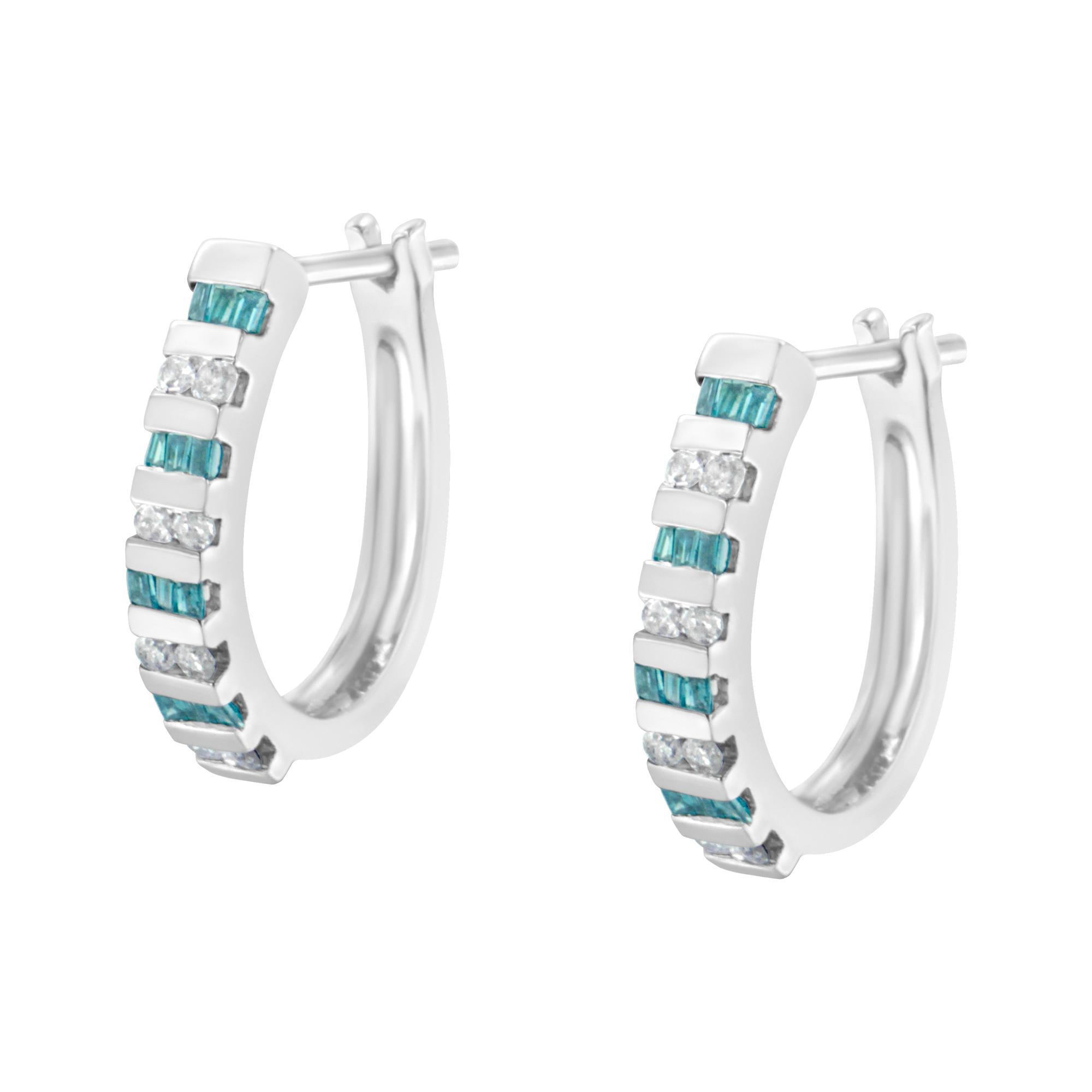 10k White Gold Round and Blue Baguette Diamond Hoop Earrings (0.50 cttw, I-J Color, I2-I3 Clarity)