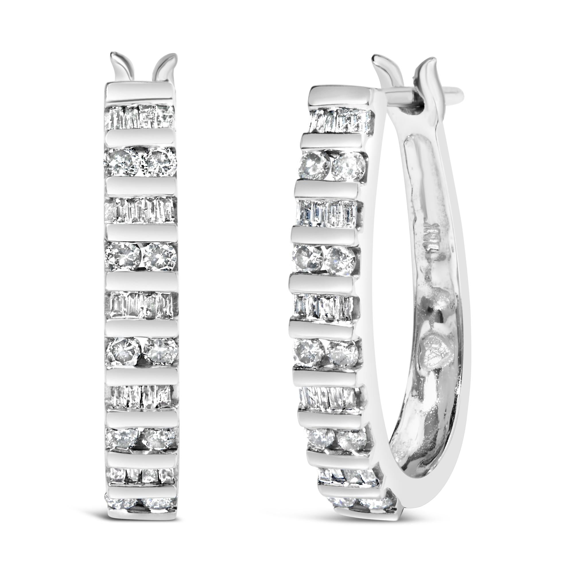 10K Yellow Gold 1.0 Cttw Alternating  Diamond "U" Hoop Earrings (I-J Color, I2-I3 Clarity)