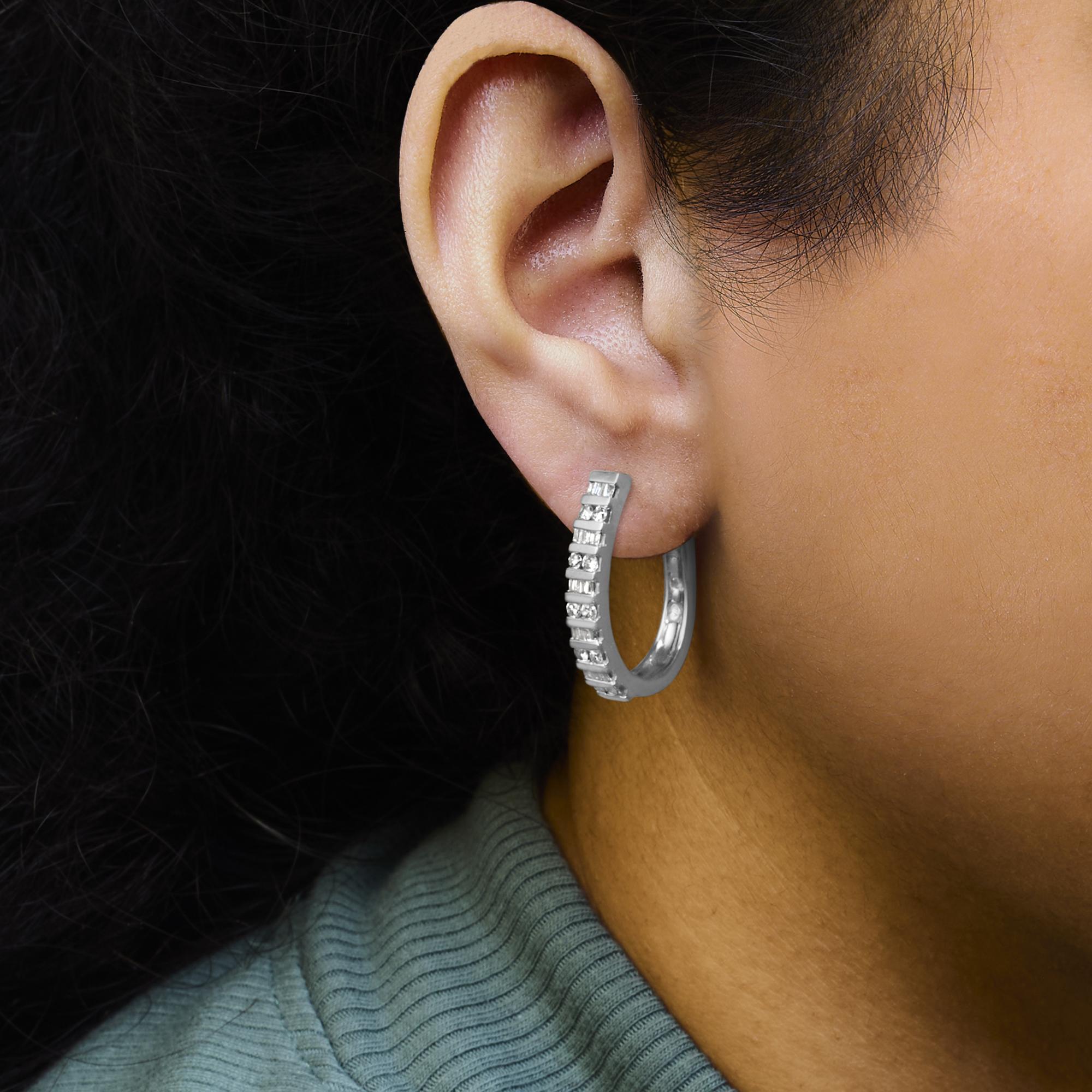 10K Gold Round and Baguette-Cut Diamond Hoop Earrings (I-J Color, I2-I3 Clarity)