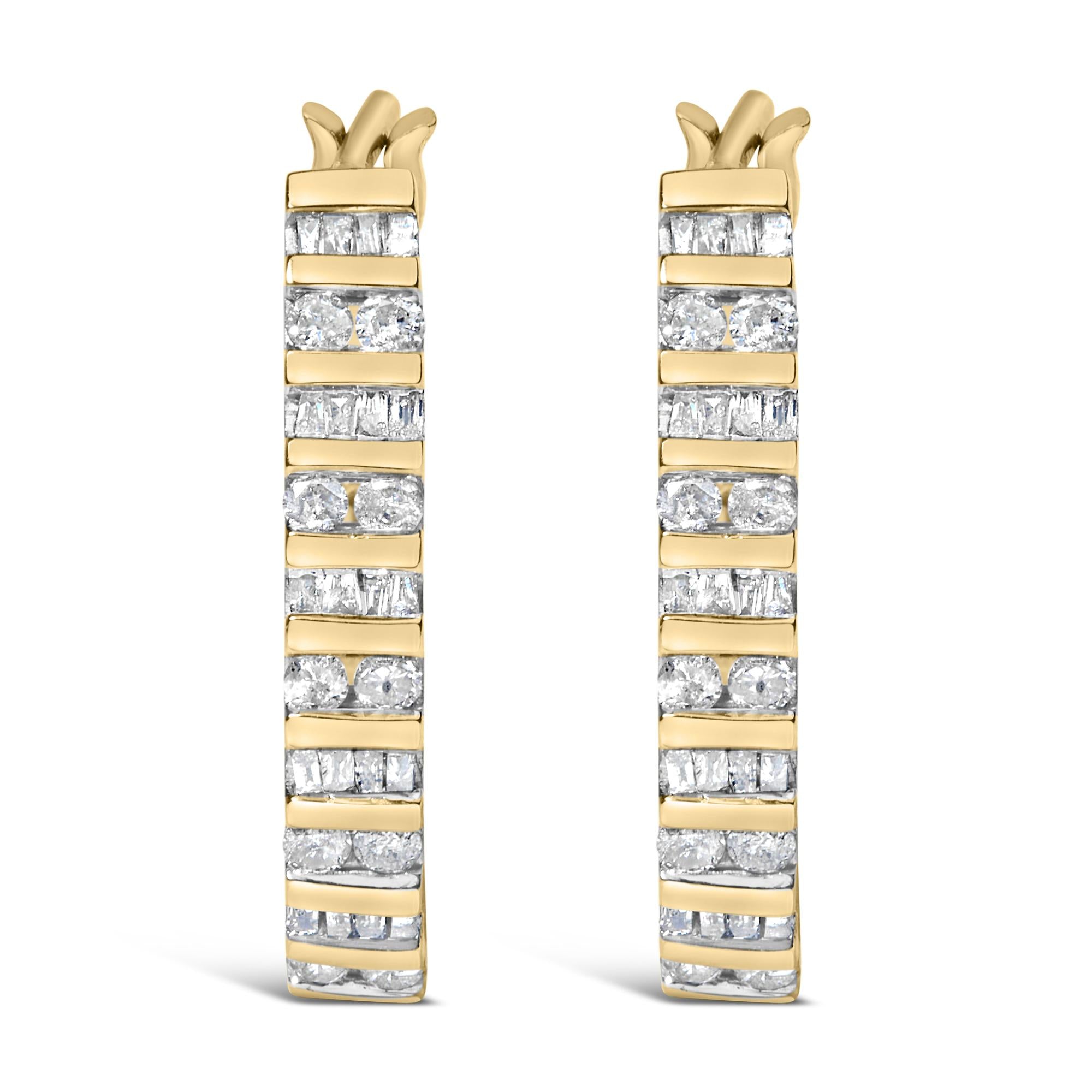 10K Yellow Gold 1.0 Cttw Alternating  Diamond "U" Hoop Earrings (I-J Color, I2-I3 Clarity)