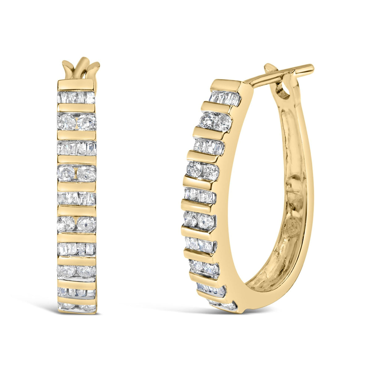 10K Yellow Gold 1.0 Cttw Alternating  Diamond "U" Hoop Earrings (I-J Color, I2-I3 Clarity)