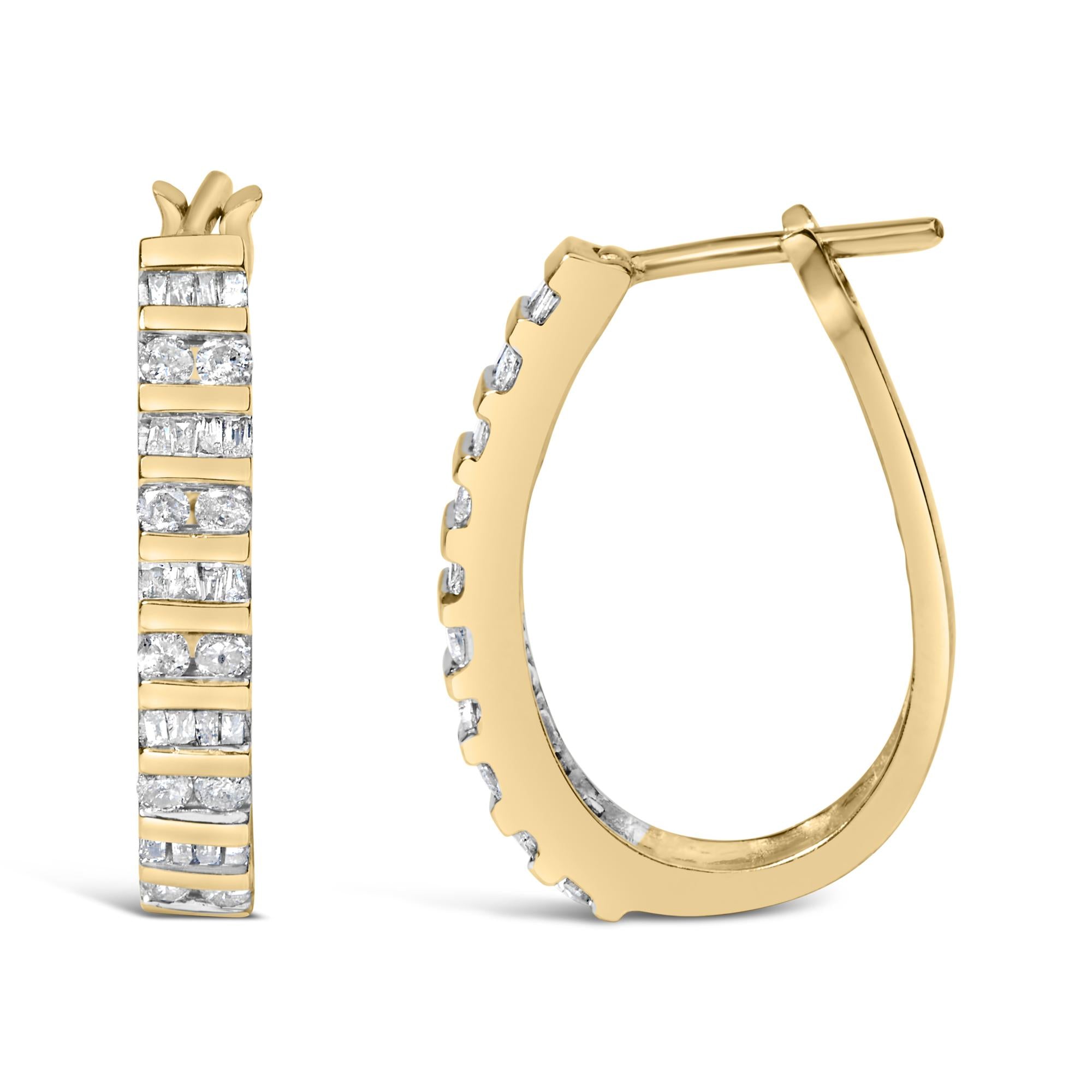 10K Yellow Gold 1.0 Cttw Alternating  Diamond "U" Hoop Earrings (I-J Color, I2-I3 Clarity)