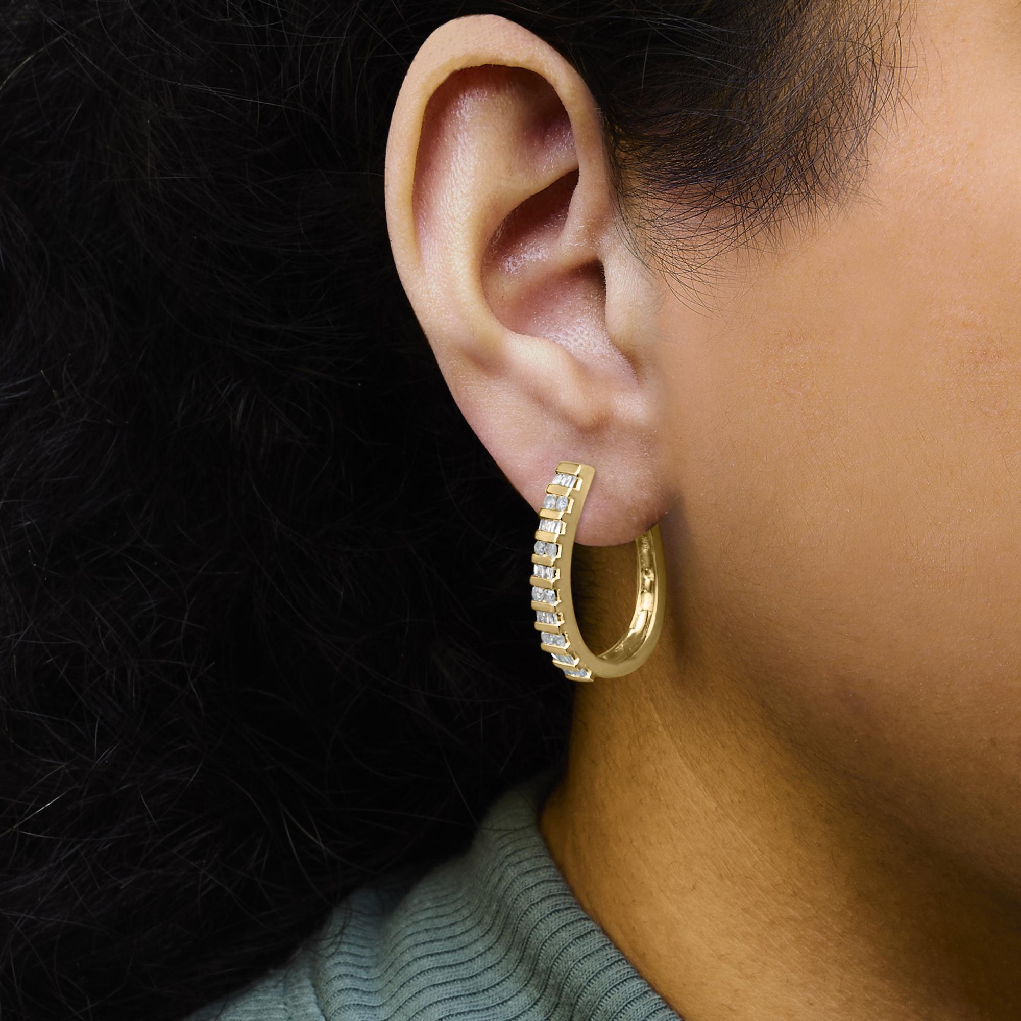 10K Yellow Gold 1.0 Cttw Alternating  Diamond "U" Hoop Earrings (I-J Color, I2-I3 Clarity)