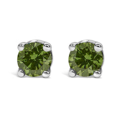 .925 Sterling Silver 1/4 Cttw Round Brilliant-Cut Green Diamond Classic 4-Prong Stud Earrings (Fancy Color-Enhanced, I2-I3 Clarity)