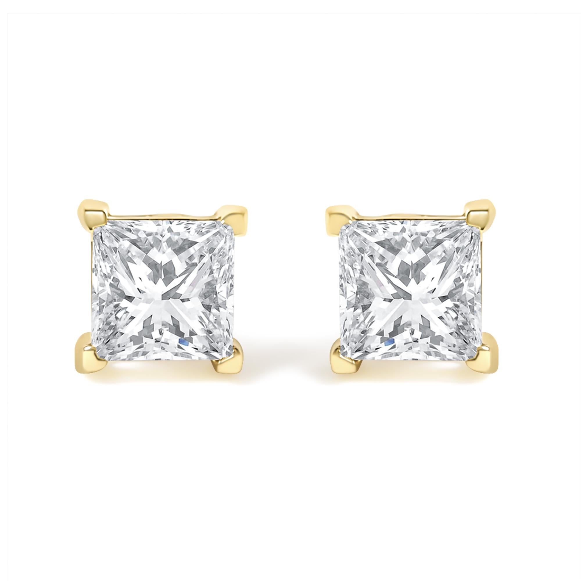 AGS Certified Princess-Cut Square Diamond 4-Prong Solitaire Stud Earrings in 14K Gold (N-O Color, SI2-I1 Clarity)