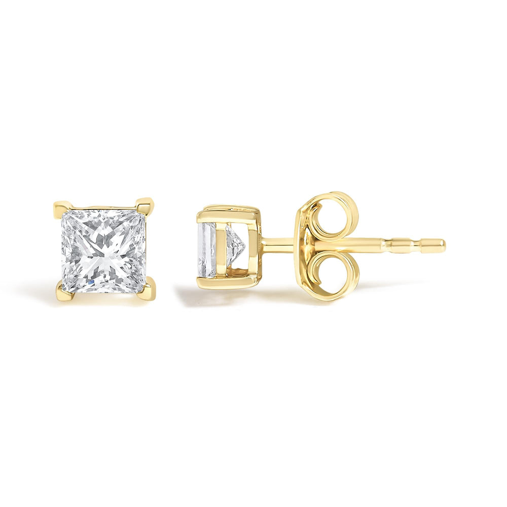 AGS Certified Princess-Cut Square Diamond 4-Prong Solitaire Stud Earrings in 14K Gold (N-O Color, SI2-I1 Clarity)
