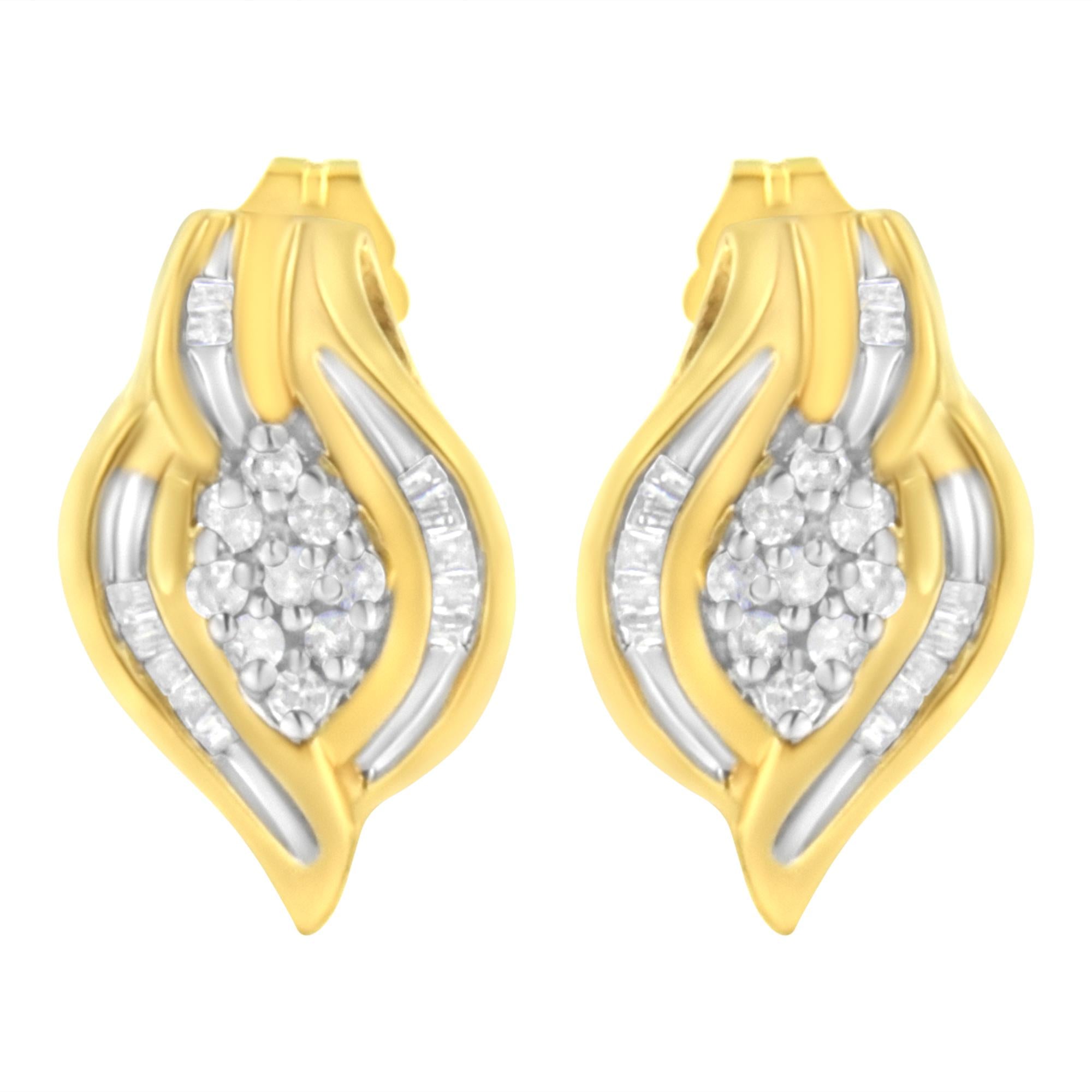 10K Yellow Gold 1/3 cttw Round-Cut Diamond Cluster and Swirl Stud Earrings (J-K Clarity, I2-I3 Color)