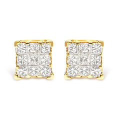 14K Yellow Gold 1/2 Cttw Invisible Set Princess-Cut Diamond 9 Stone Square Stud Earrings (J-K Color, SI2-I1 Clarity)