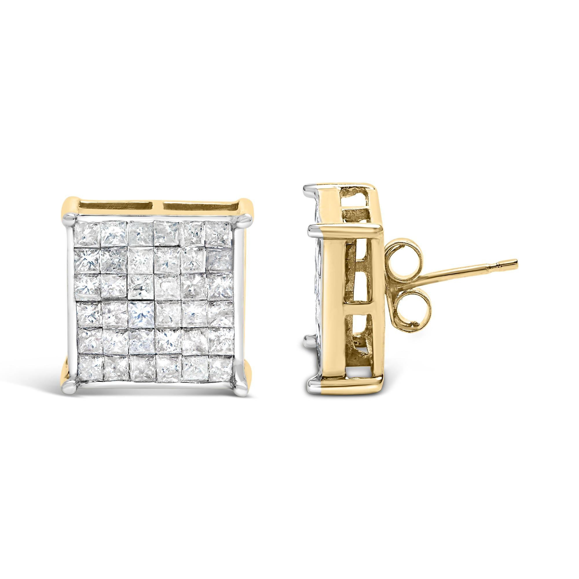 10K Yellow Gold 2.0 Cttw Invisible-Set Princess-Cut Diamond Stud Earrings