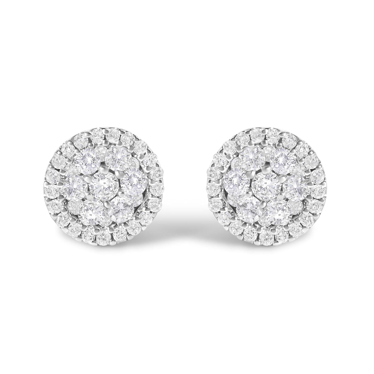 AGS Certified 14K White Gold 1.0 Cttw Brilliant-Cut Diamond Halo-Style Cluster Round Button Stud Earrings (G-H Color, I1-I2 Clarity)