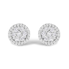 AGS Certified 14K White Gold 1.0 Cttw Brilliant-Cut Diamond Halo-Style Cluster Round Button Stud Earrings (G-H Color, I1-I2 Clarity)