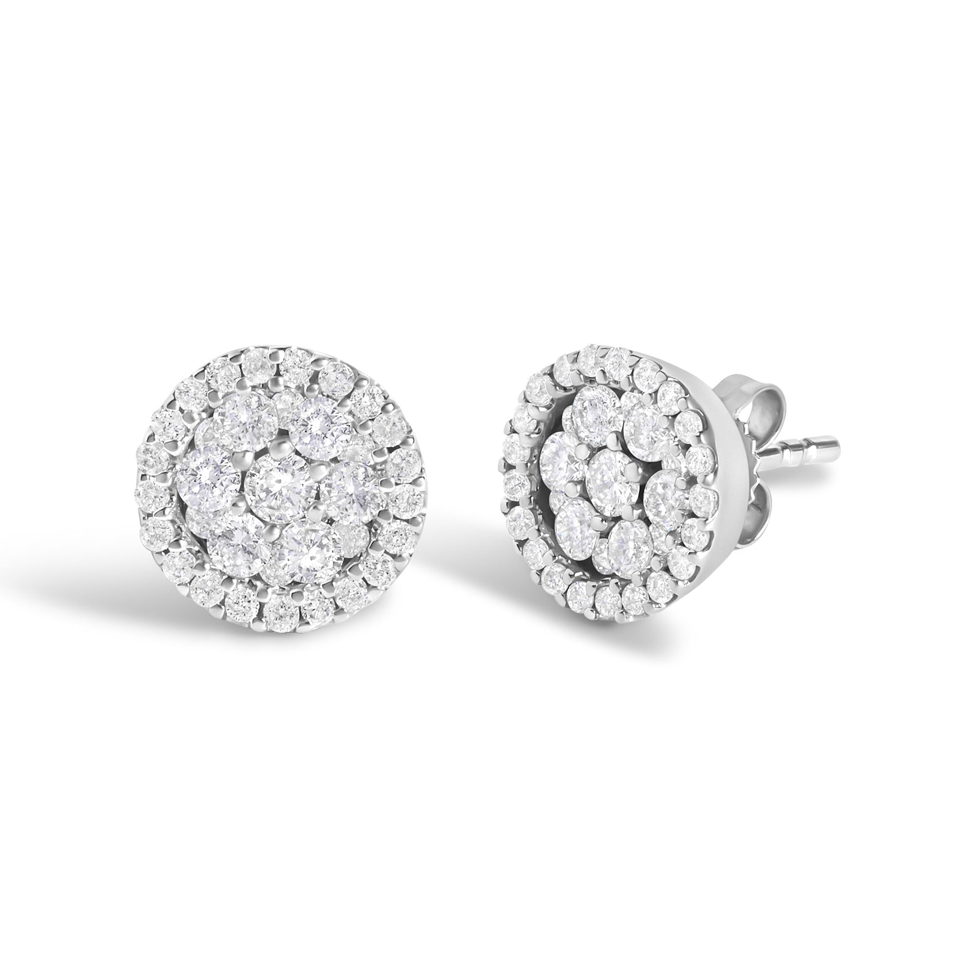 14K White Gold 1.0 Cttw Brilliant-Cut Diamond Halo-Style Cluster Round Button Stud Earrings (H-I Color, I1-I2 Clarity)