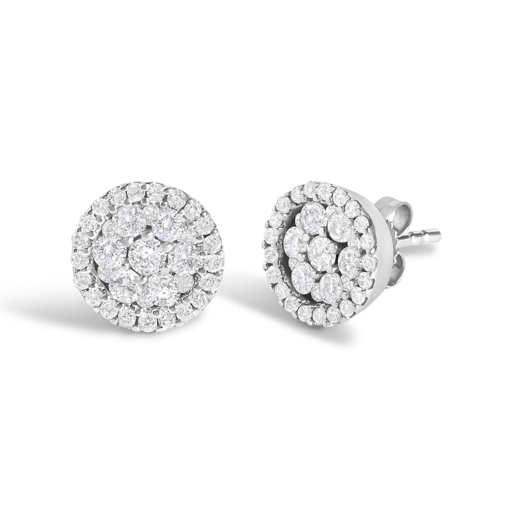 14K White Gold 1.0 Cttw Brilliant-Cut Diamond Halo-Style Cluster Round Button Stud Earrings (H-I Color, I1-I2 Clarity)