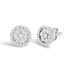 AGS Certified 14K White Gold 1.0 Cttw Brilliant-Cut Diamond Halo-Style Cluster Round Button Stud Earrings (G-H Color, I1-I2 Clarity)