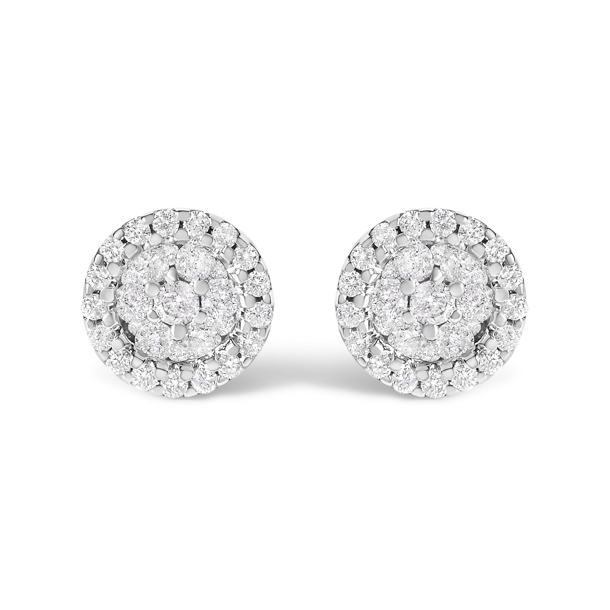 14K White Gold 1/2 Cttw Brilliant-Cut Diamond Halo-Style Cluster Round Button Stud Earrings (H-I Color, I1-I2 Clarity)