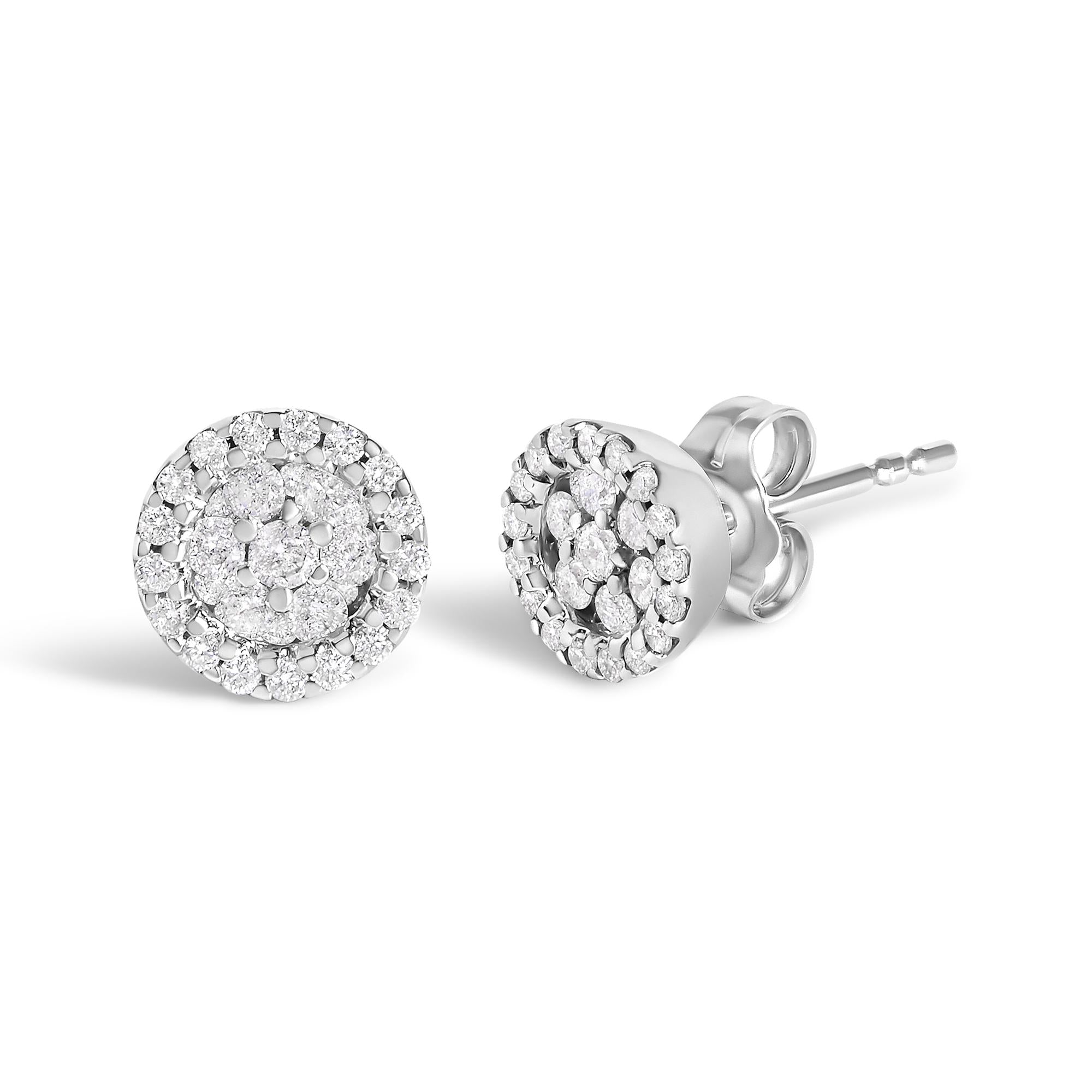 14K White Gold 1/2 Cttw Brilliant-Cut Diamond Halo-Style Cluster Round Button Stud Earrings (H-I Color, I1-I2 Clarity)