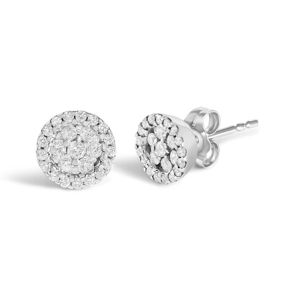 14K White Gold 1/2 Cttw Brilliant-Cut Diamond Halo-Style Cluster Round Button Stud Earrings (H-I Color, I1-I2 Clarity)
