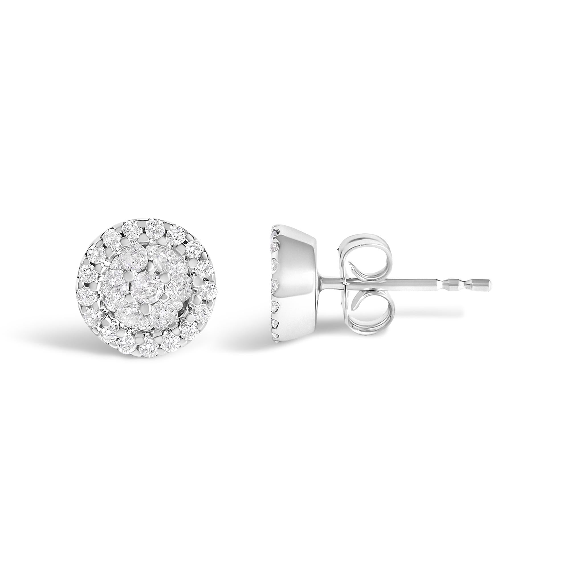 14K White Gold 1/2 Cttw Brilliant-Cut Diamond Halo-Style Cluster Round Button Stud Earrings (H-I Color, I1-I2 Clarity)