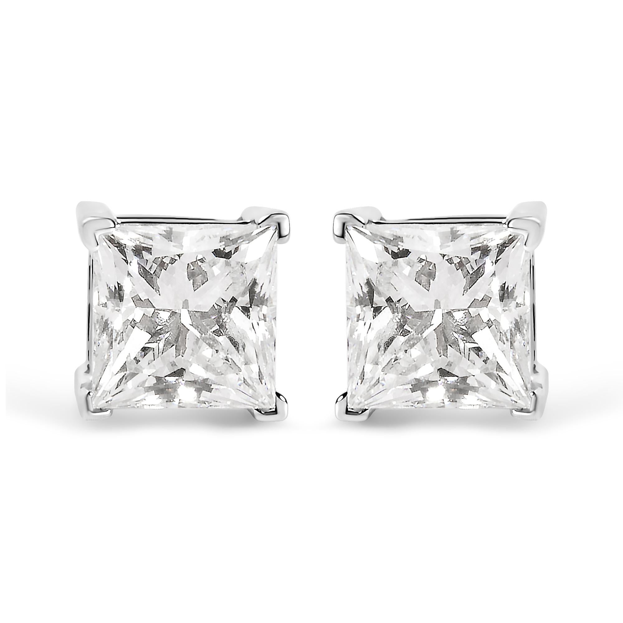 14K White Gold 1 1/2 Cttw Clarity Enhanced Princess Cut Diamond Solitaire Stud Earrings (I-J Color, I1-I2 Clarity)