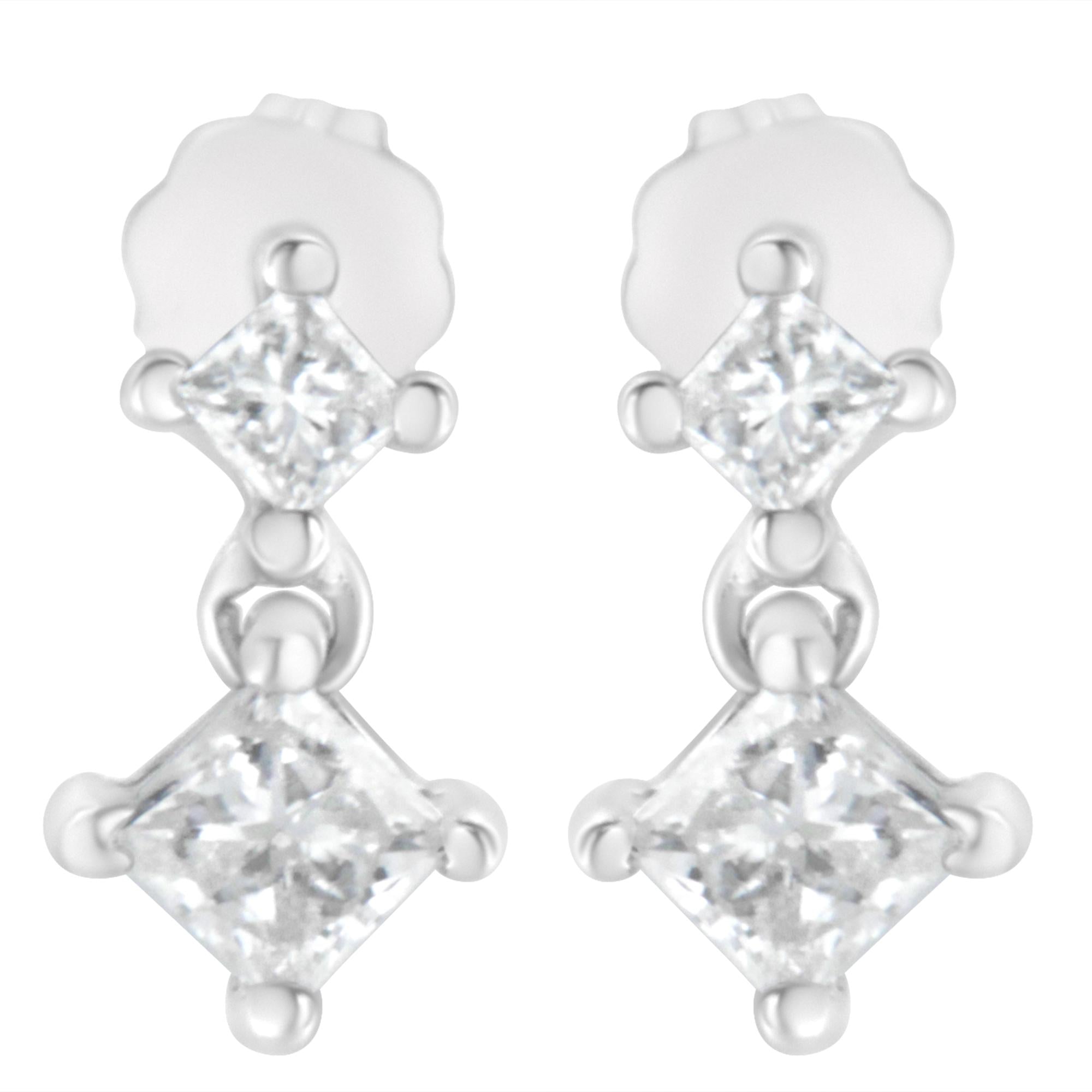 14K White Gold 3/4 cttw Double Diamond Princess-Cut Stud Earrings (I-J Clarity, I2-I3 Color)