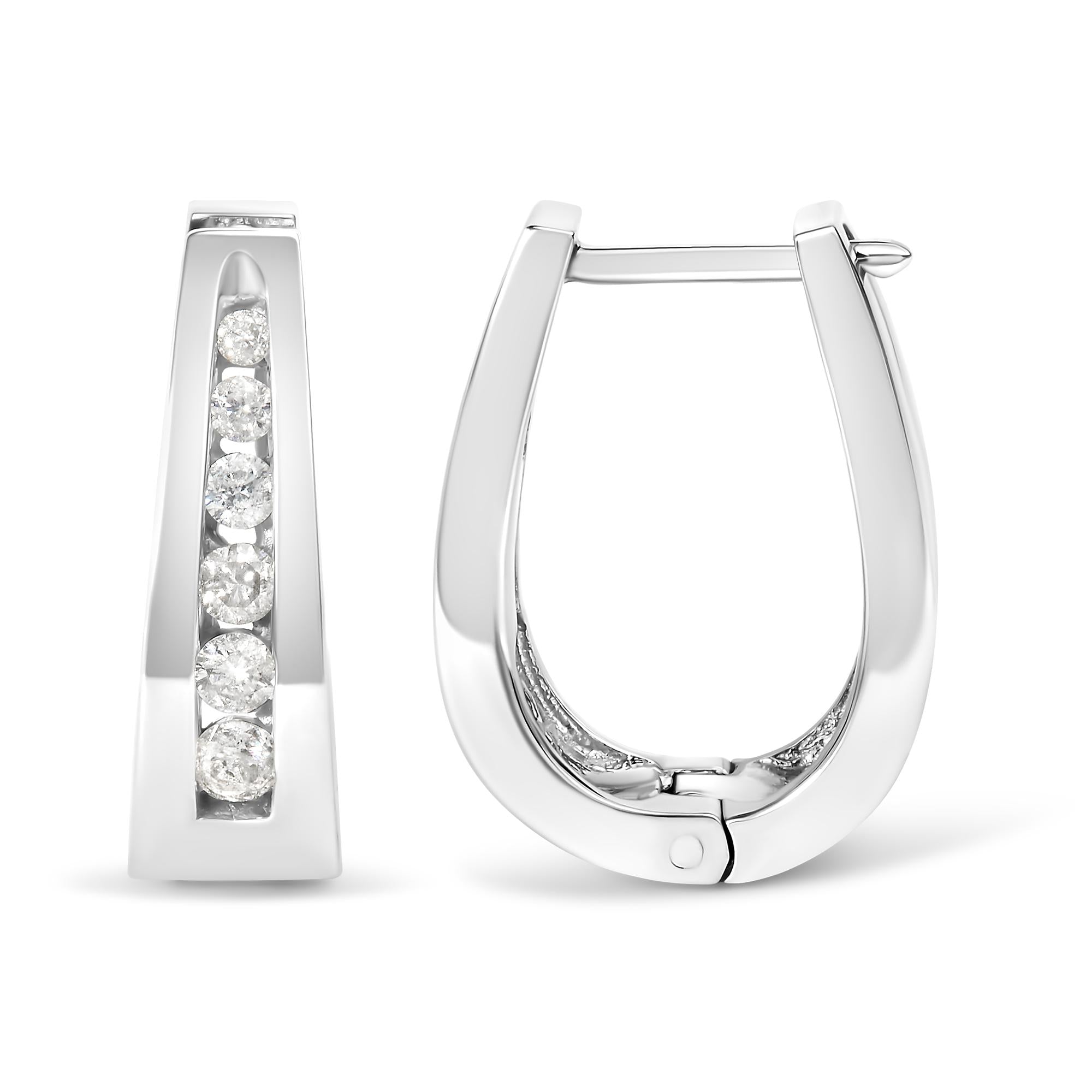 14k White Gold Channel-Set Brilliant Round-Cut Diamond Hoop Earrings (I-J Color, I2-I3 Clarity)