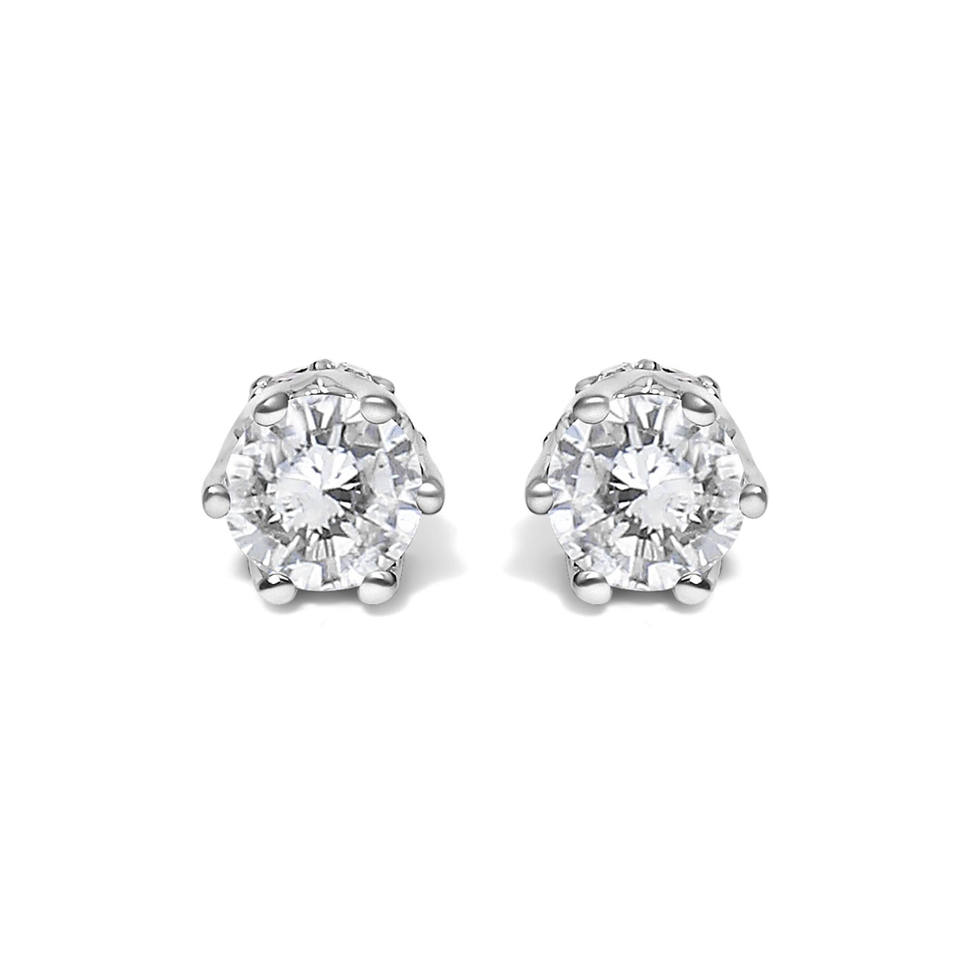 14K White Gold 1/2 Cttw Round Diamond 6 Prong Crown Stud Earrings (I-J Color, I1-I2 Clarity)