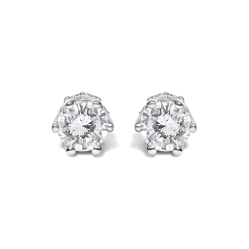 14K White Gold 1/2 Cttw Round Diamond 6 Prong Crown Stud Earrings (I-J Color, I1-I2 Clarity)