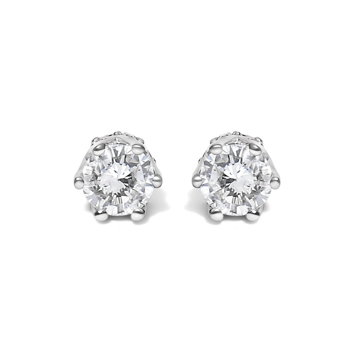 14K White Gold 1/2 Cttw Round Diamond 6 Prong Crown Stud Earrings (I-J Color, I1-I2 Clarity)
