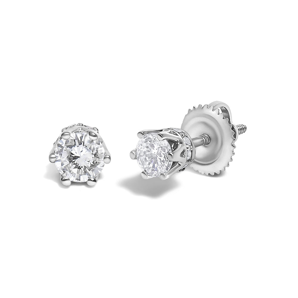 14K White Gold 1/2 Cttw Round Diamond 6 Prong Crown Stud Earrings (I-J Color, I1-I2 Clarity)