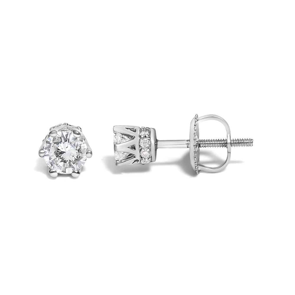 14K White Gold 1/2 Cttw Round Diamond 6 Prong Crown Stud Earrings (I-J Color, I1-I2 Clarity)