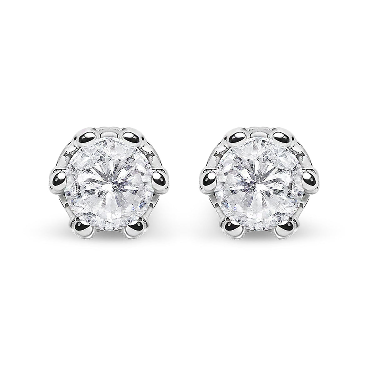 14K White Gold 2.0 Cttw Round Cut Prong-Set Diamond Crown Stud Earring (I-J Color, I1-I2 Clarity)