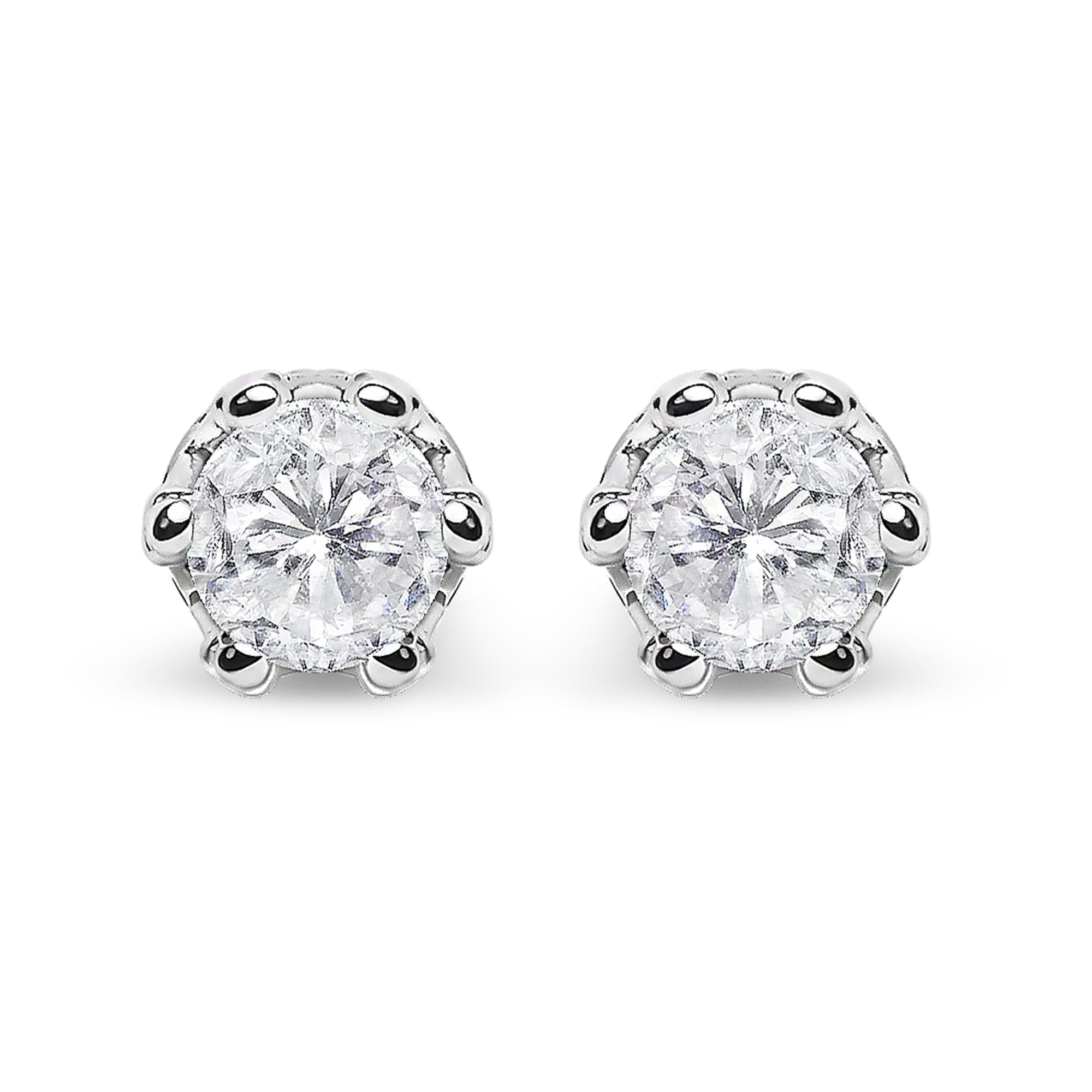 14K White Gold 1.0 Cttw Round Cut Prong-Set Diamond Crown Stud Earring (I-J Color, I1-I2 Clarity)
