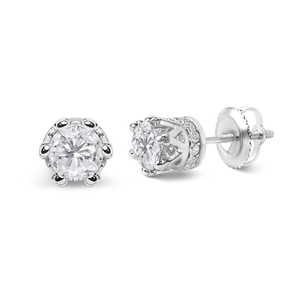 14K White Gold 2.0 Cttw Round Cut Prong-Set Diamond Crown Stud Earring (I-J Color, I1-I2 Clarity)