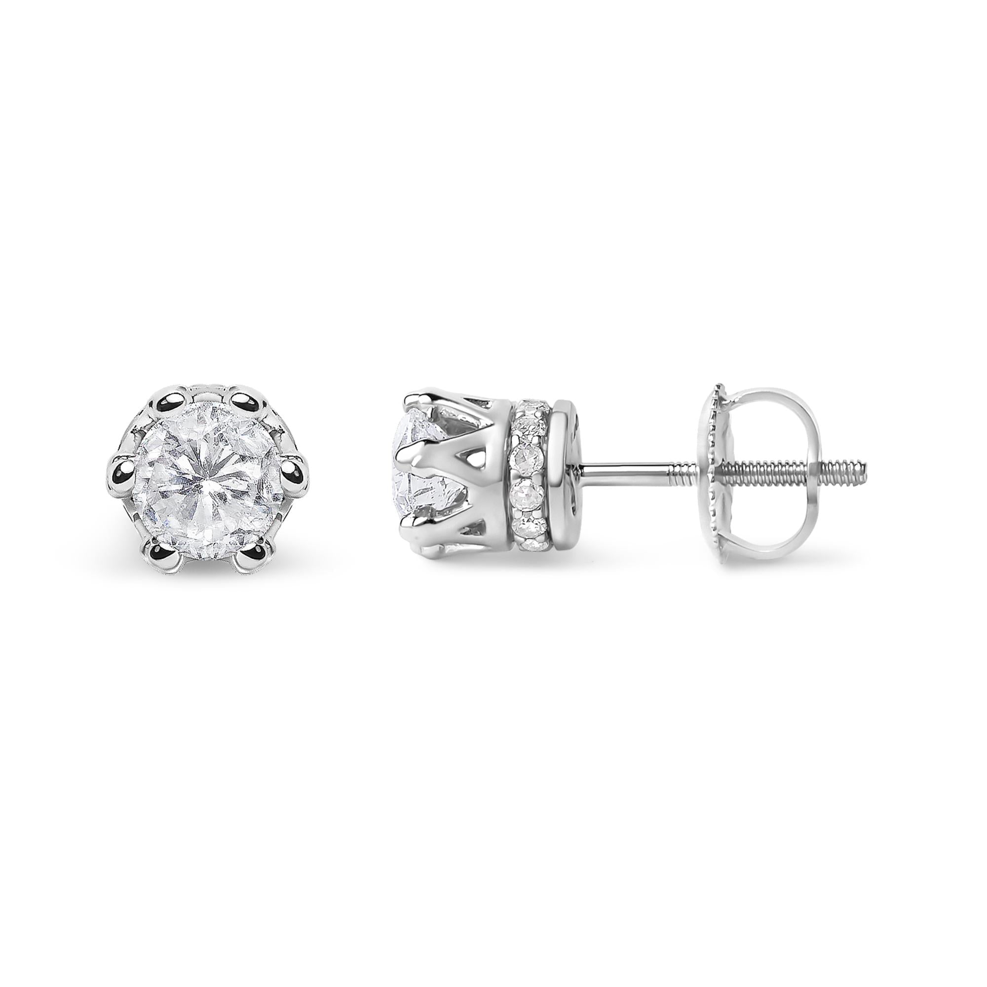 14K White Gold 1.0 Cttw Round Cut Prong-Set Diamond Crown Stud Earring (I-J Color, I1-I2 Clarity)