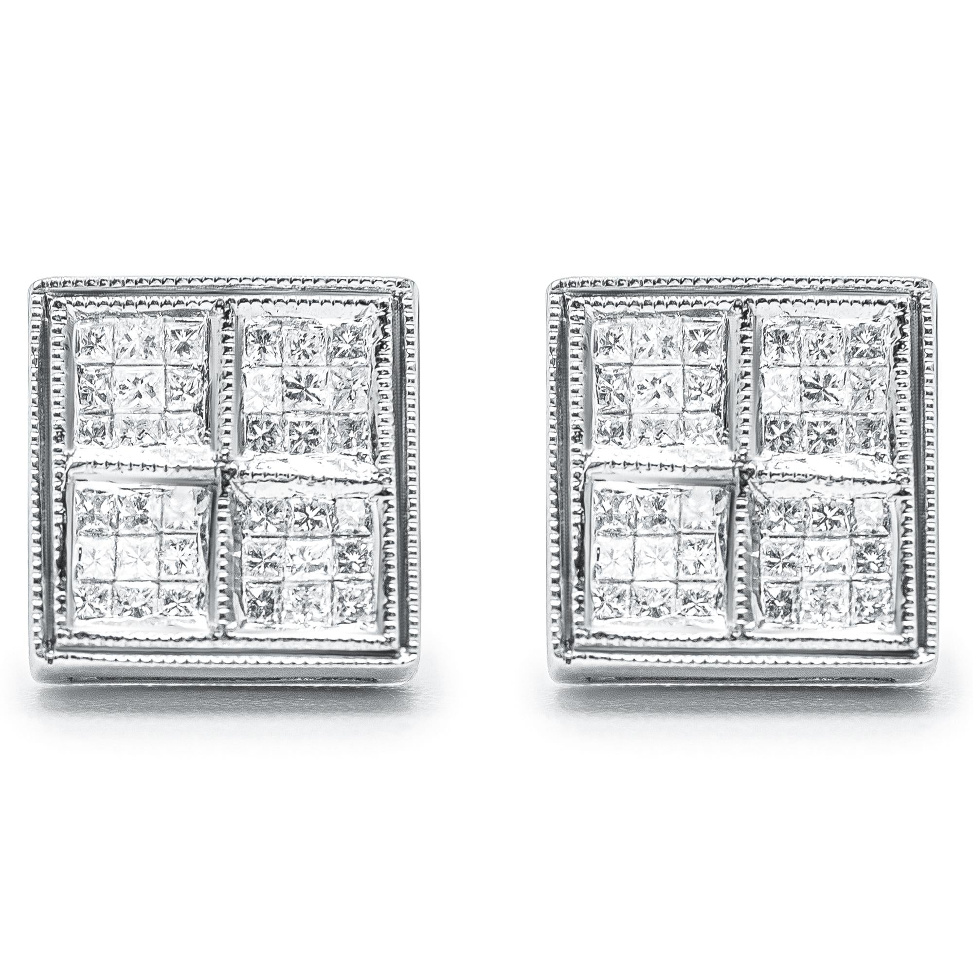 14K White Gold 1/2 Cttw Princess Diamond Composite Box Shape Milgrain Stud Earrings (H-I Color, SI1-SI2 Clarity)