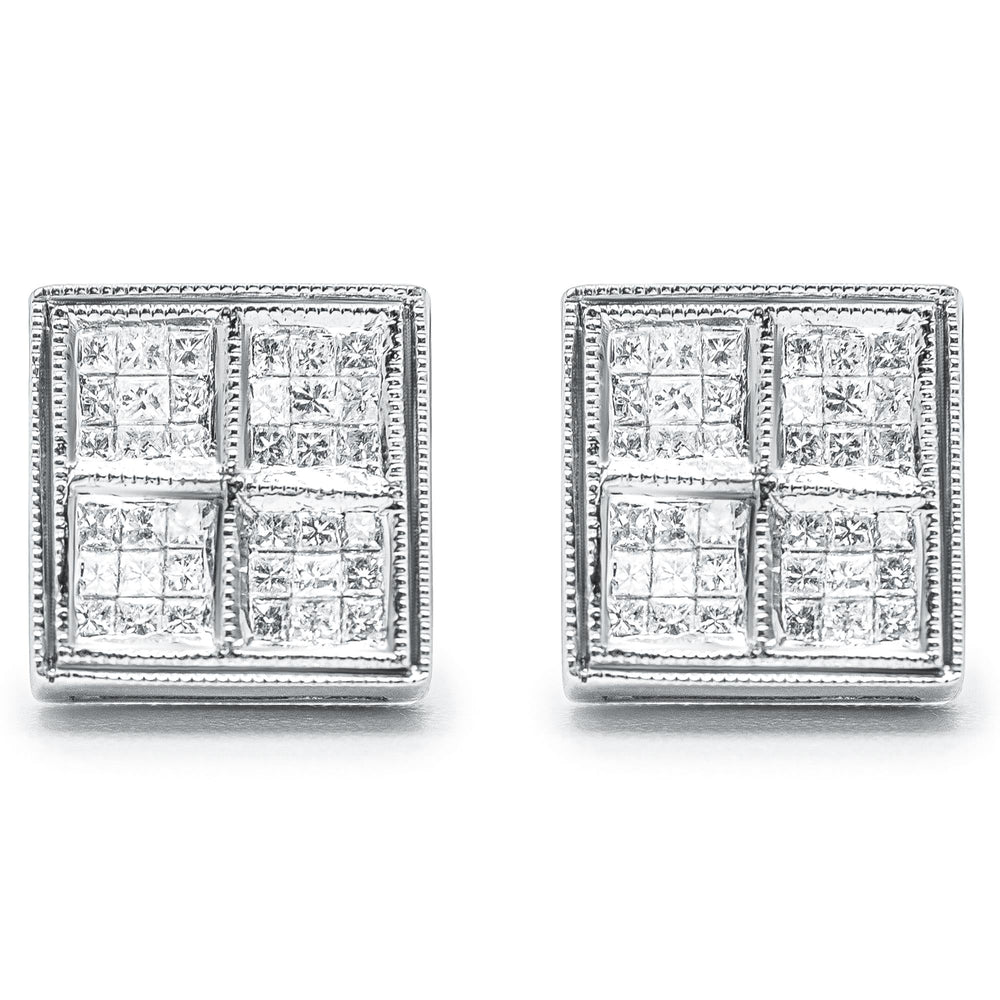 14K White Gold 1/2 Cttw Princess Diamond Composite Box Shape Milgrain Stud Earrings (H-I Color, SI1-SI2 Clarity)
