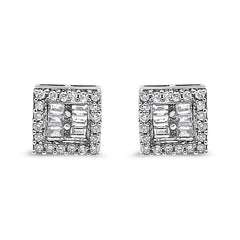 14K White Gold 1 cttw Round and Baguette Diamond Stud Earrings (H-I, SI1-SI2)