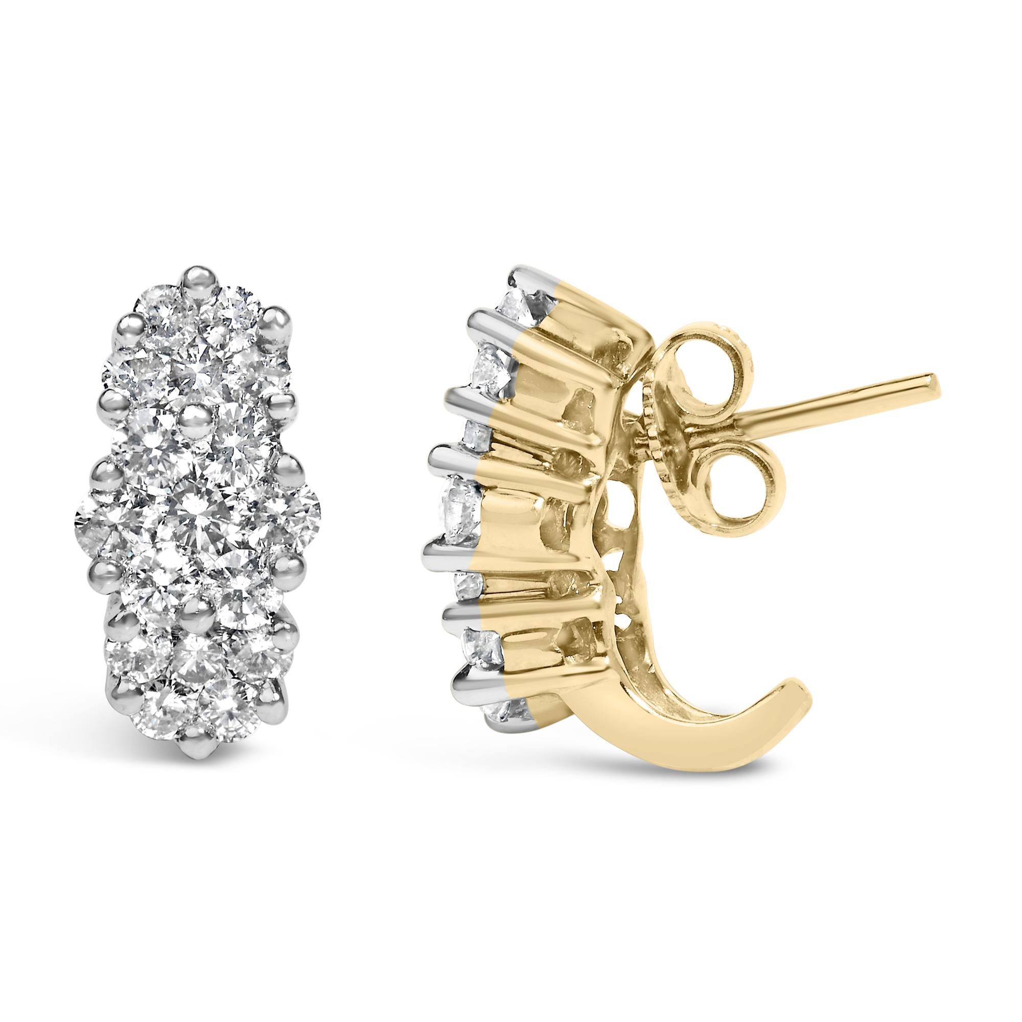 14K Yellow Gold 2.00 Cttw Diamond Cocktail Taper Cluster Stud Earrings (I-J Color, I1-I2 Clarity)