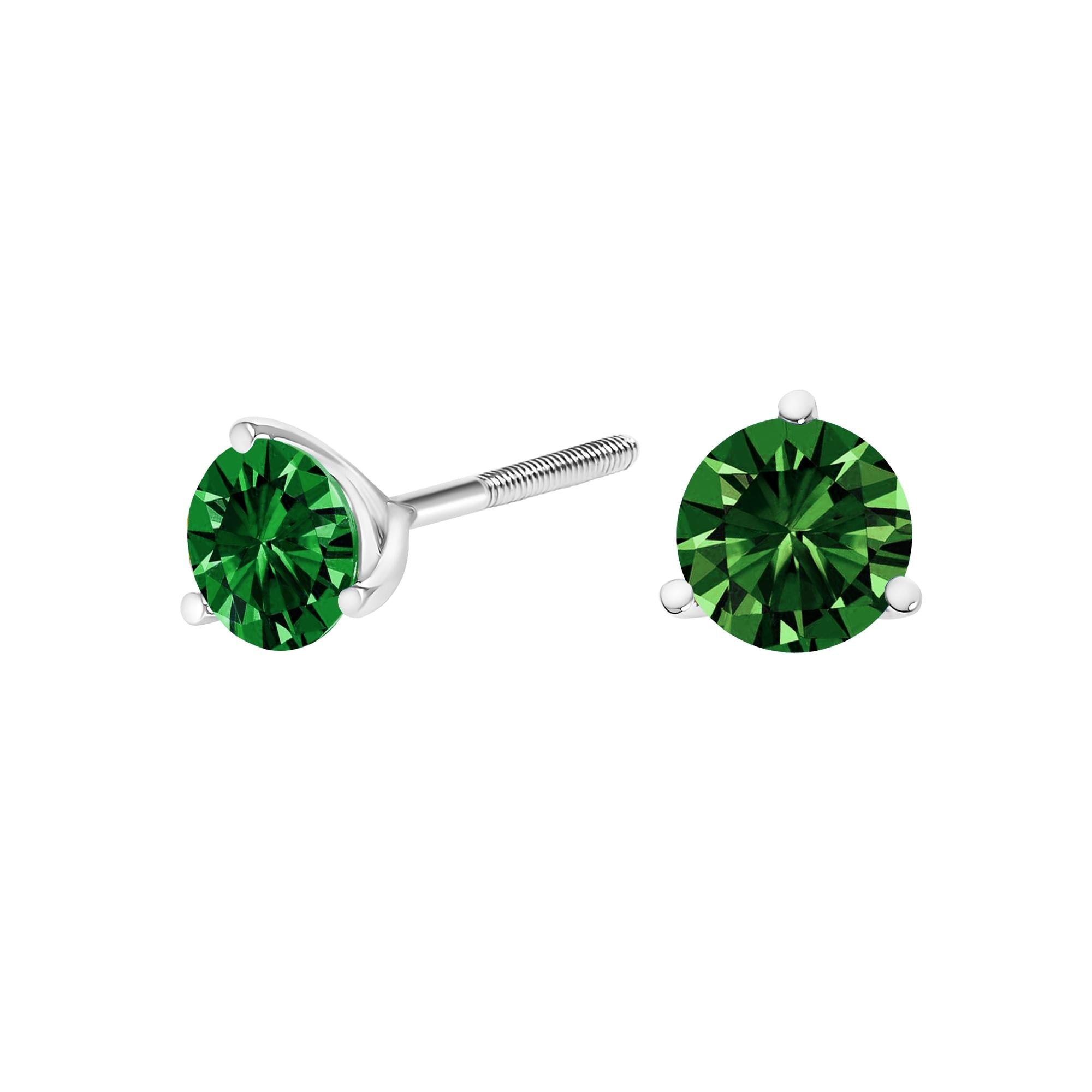 14K Gold 3-Prong Martini Set Lab Grown Green Diamond Solitaire Stud Earrings