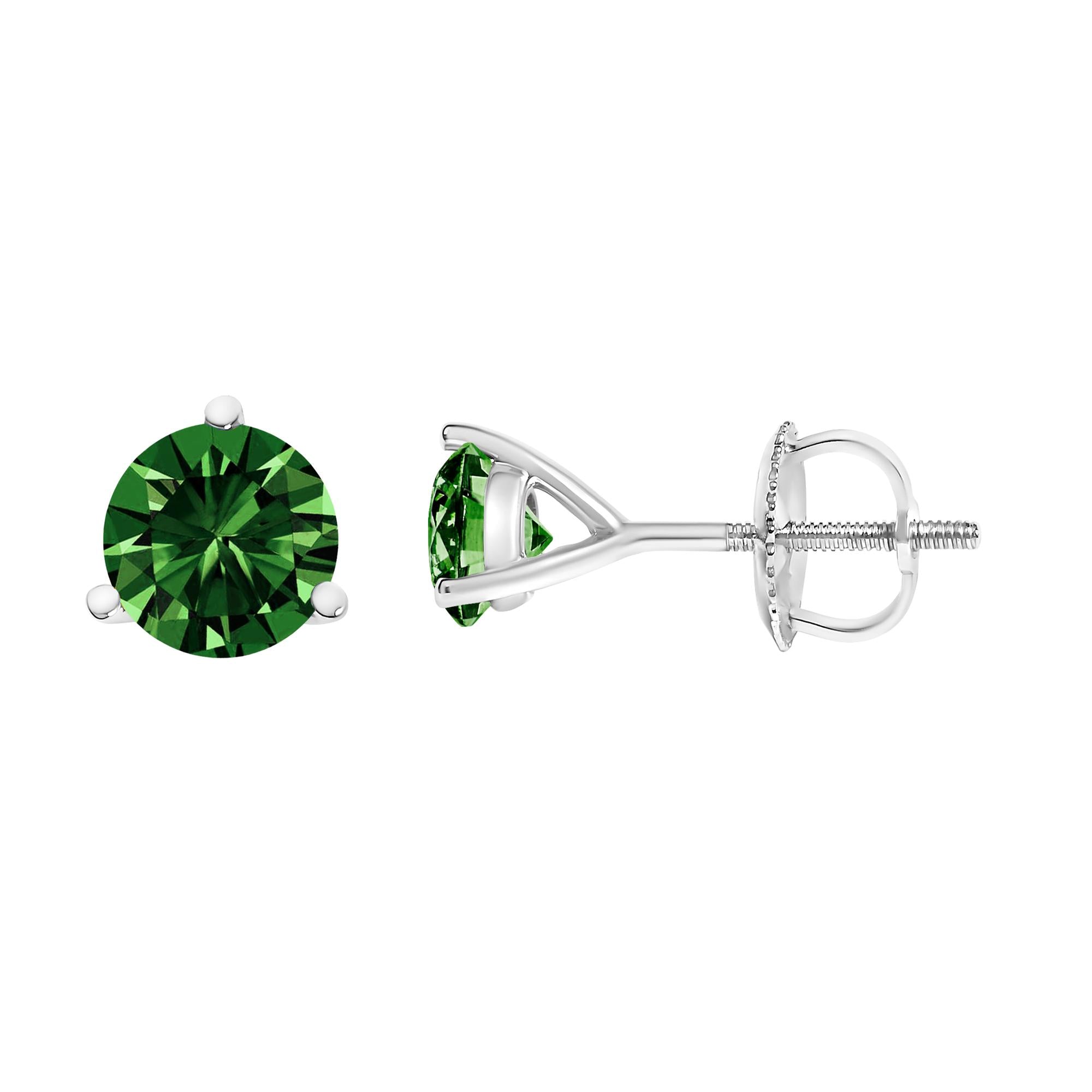 14K Gold 3-Prong Martini Set Lab Grown Green Diamond Solitaire Stud Earrings