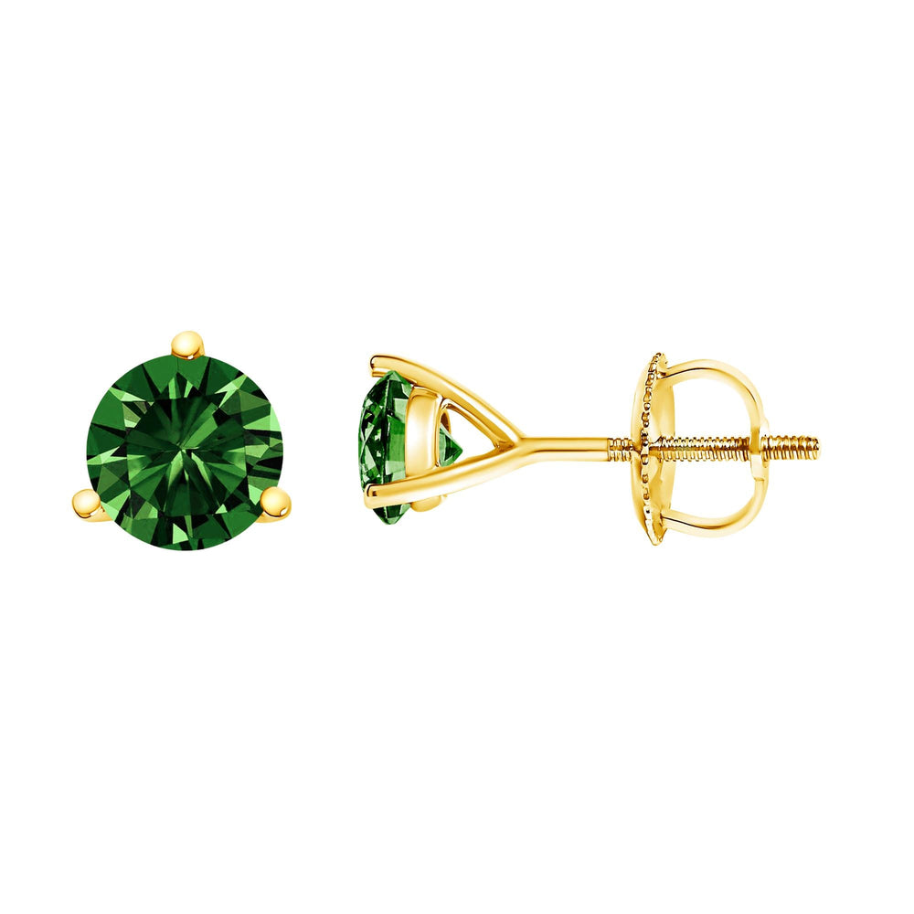 14K Gold 3-Prong Martini Set Lab Grown Green Diamond Solitaire Stud Earrings