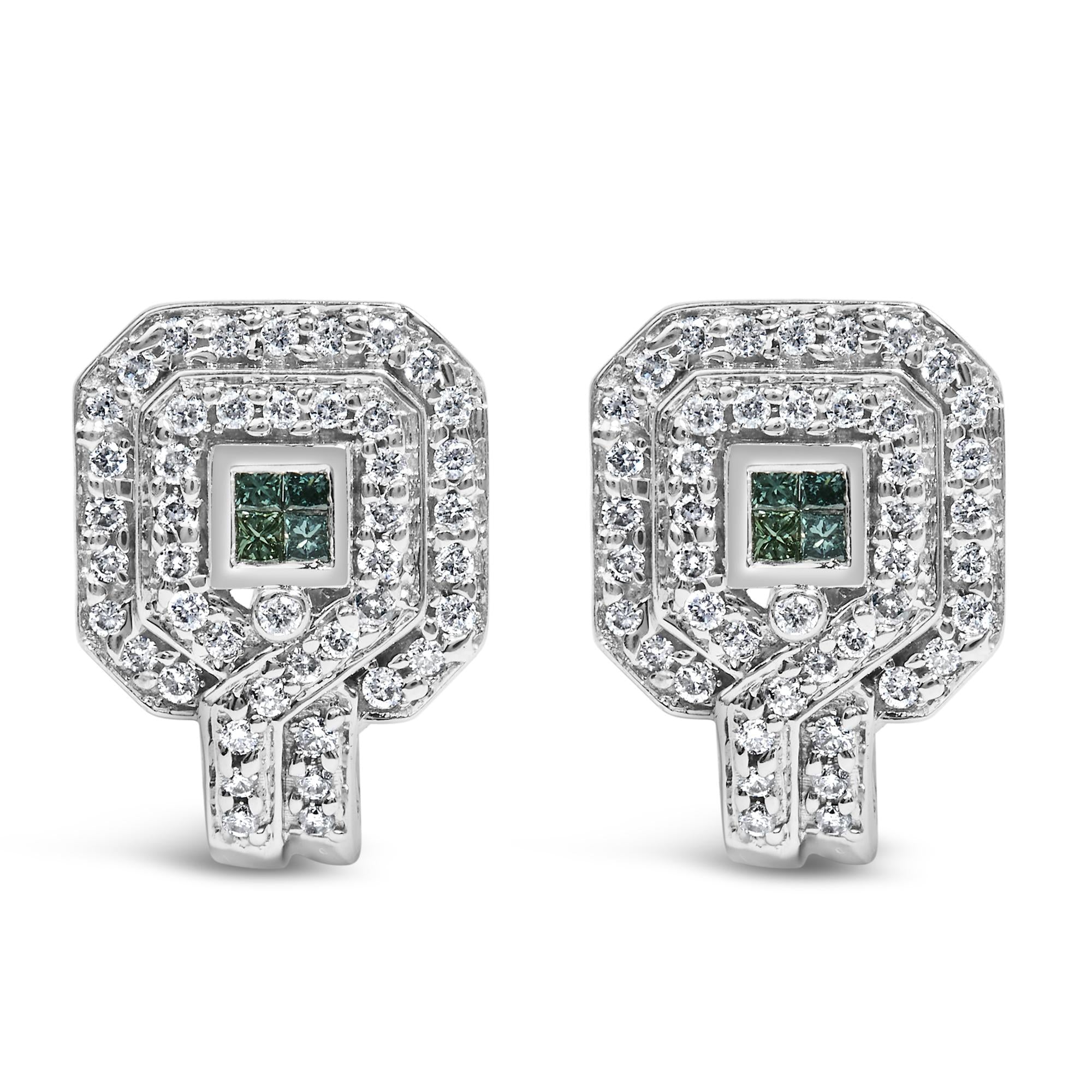 14K White Gold 1ct. TDW Round and Princess-cut Treated Blue Diamond Earrings (H-I,SI1-SI2)