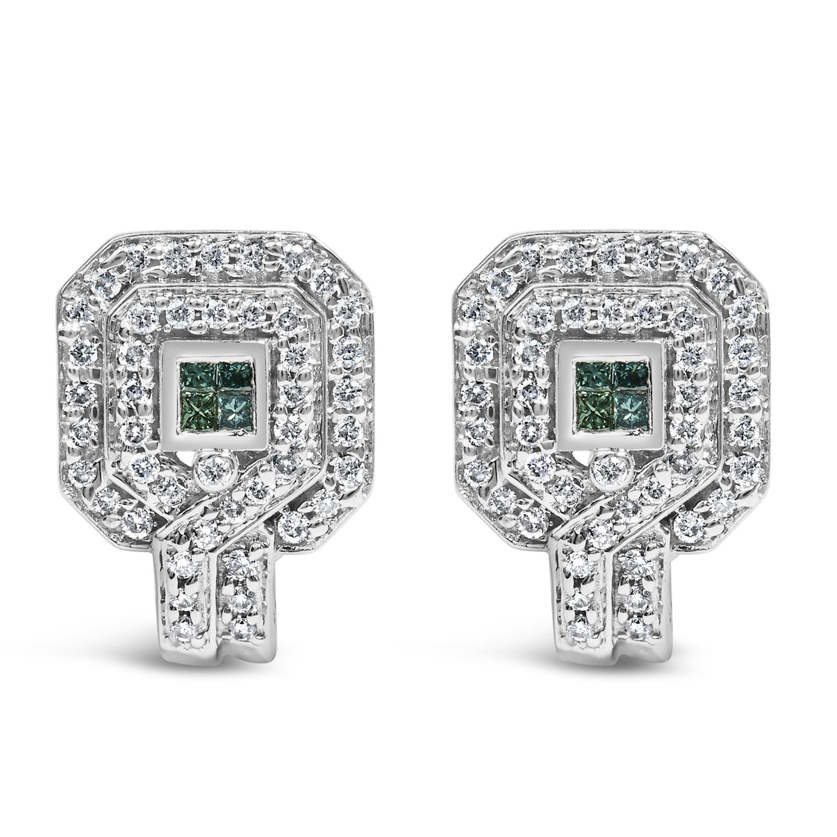 14K White Gold 1ct. TDW Round and Princess-cut Treated Blue Diamond Earrings (H-I,SI1-SI2)