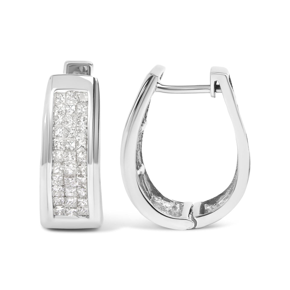 14K White Gold 1.0 Cttw Invisible Set Princess Cut Diamond Huggy Hoop Earrings (H-I Color, VS1-VS2 Clarity)