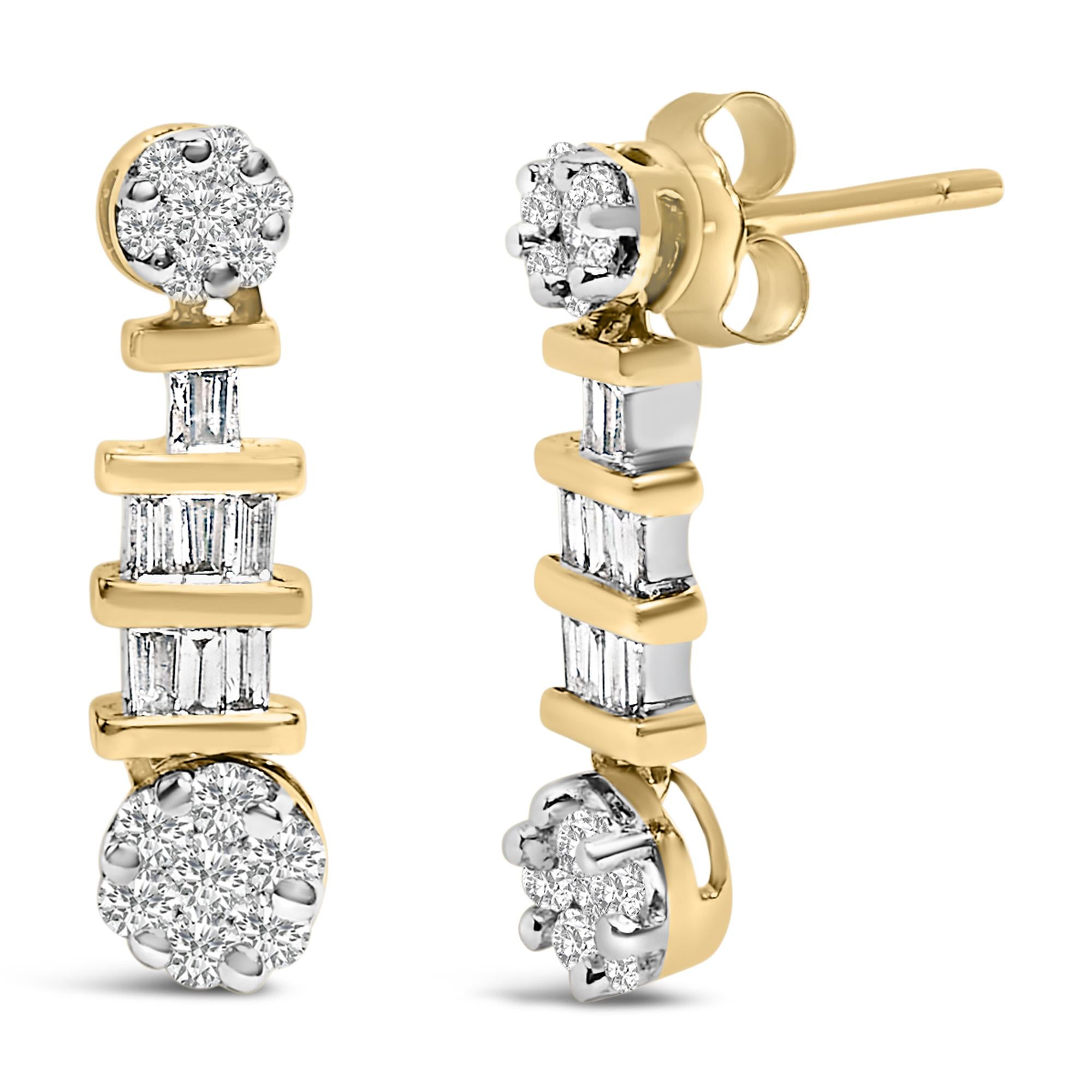 14K Yellow Gold 3/4ct. TDW Round and Baguette-cut Diamond Earrings(H-I,SI1-SI2)