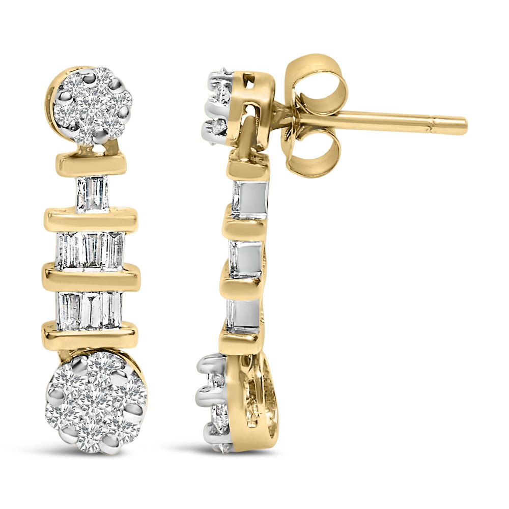 14K Yellow Gold 3/4ct. TDW Round and Baguette-cut Diamond Earrings(H-I,SI1-SI2)