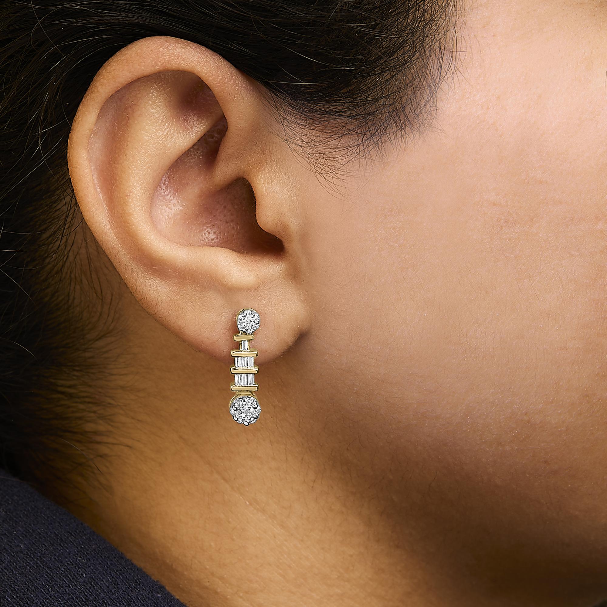 14K Yellow Gold 3/4ct. TDW Round and Baguette-cut Diamond Earrings(H-I,SI1-SI2)