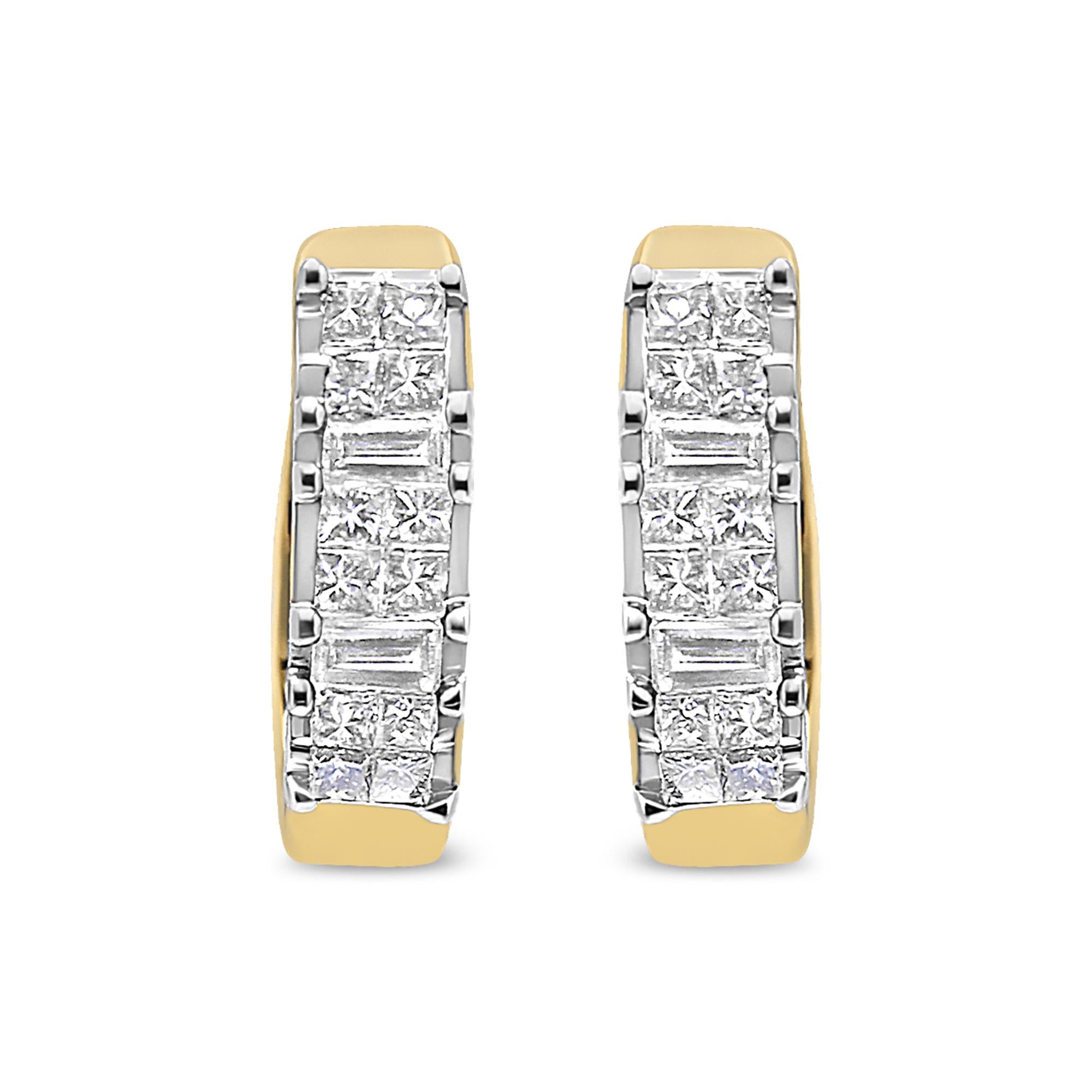 14K Yellow Gold 1/2 Cttw Princess & Baguette-Cut Diamond Invisible-Set U-Hoop Earrings (H-I Color, SI2-I1 Clarity)